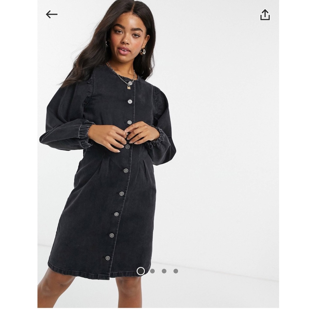Pieces button up mini dress with puff sleeves in black denim